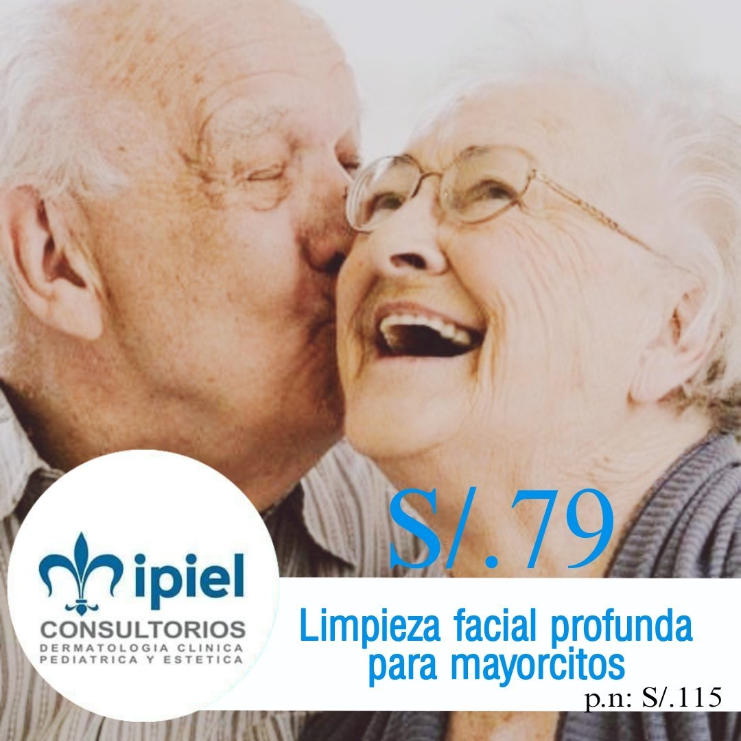 Elderly couple smiling. Ipiel clinic promotional image for deep facial cleansing treatment for seniors. Price S/.79