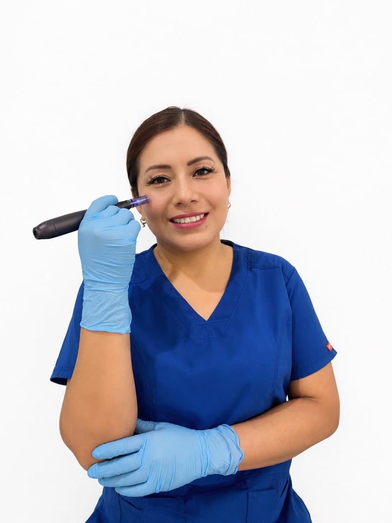Healthcare professional in blue scrubs wearing blue gloves, holding a syringe near her face against a white background