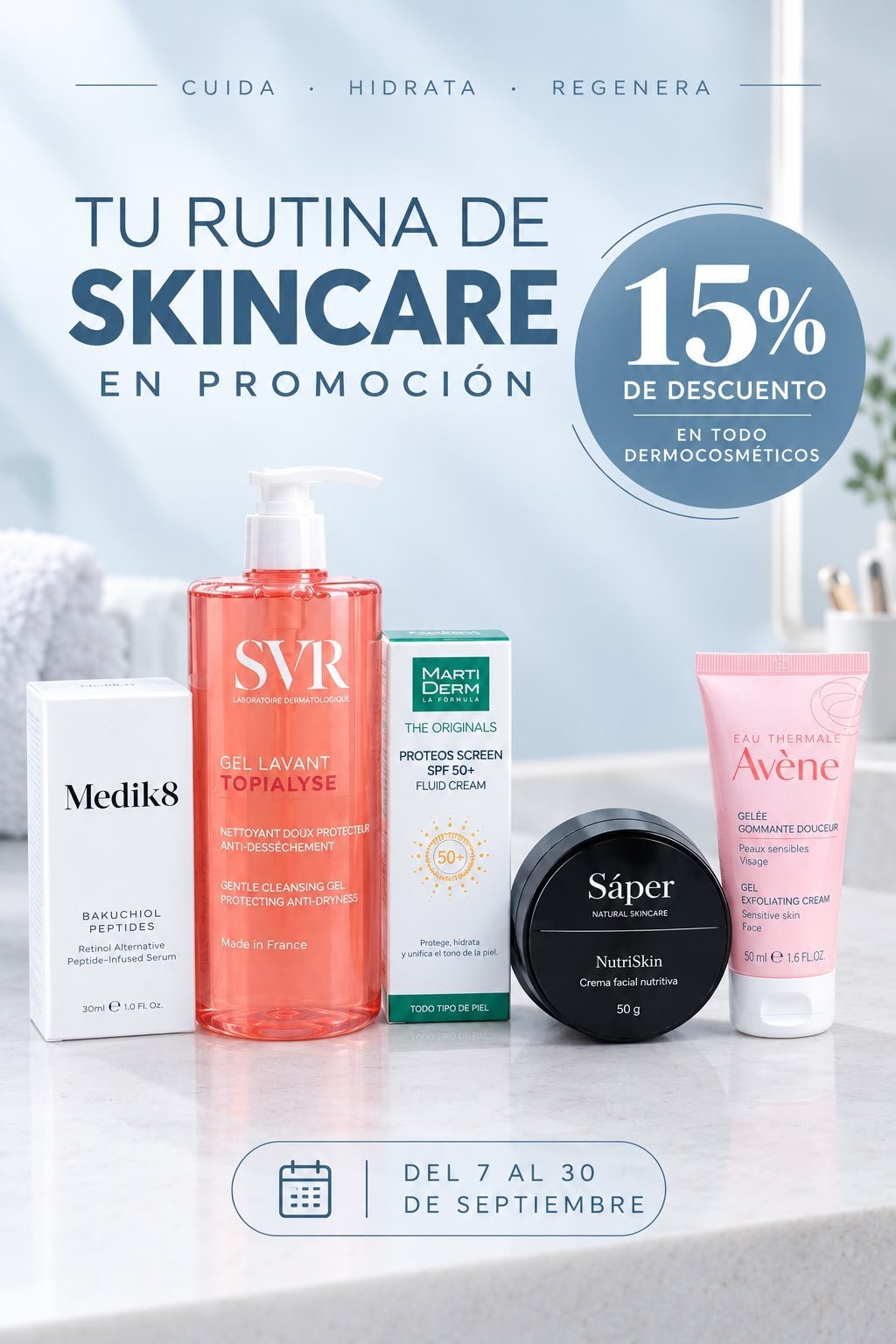 Skincare promotion poster featuring five cosmetic products with 15% discount offer, valid September 7-30