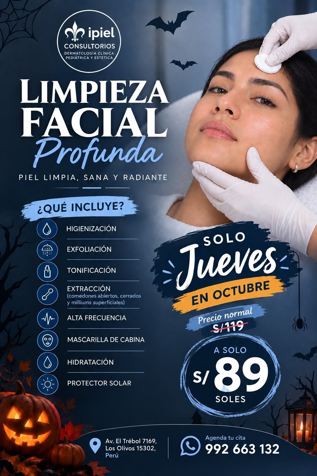 Promotional flyer for Ipiel Consultorios deep facial cleaning treatment offering Thursday discounts in October with skincare benefits listed