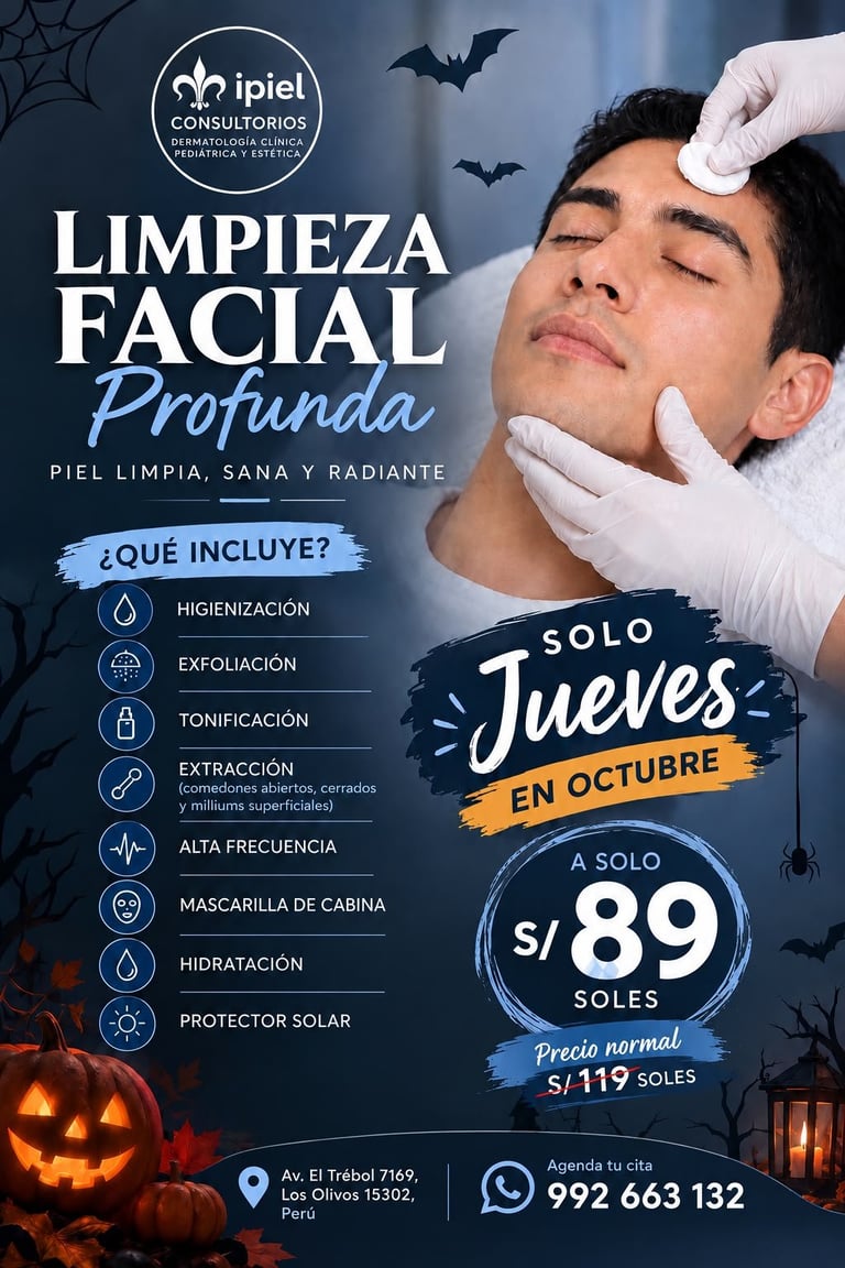 Promotional flyer for deep facial cleaning treatment at Ipiel Consultorio, featuring a man receiving a facial procedure, listing included services and October special price of 89 soles